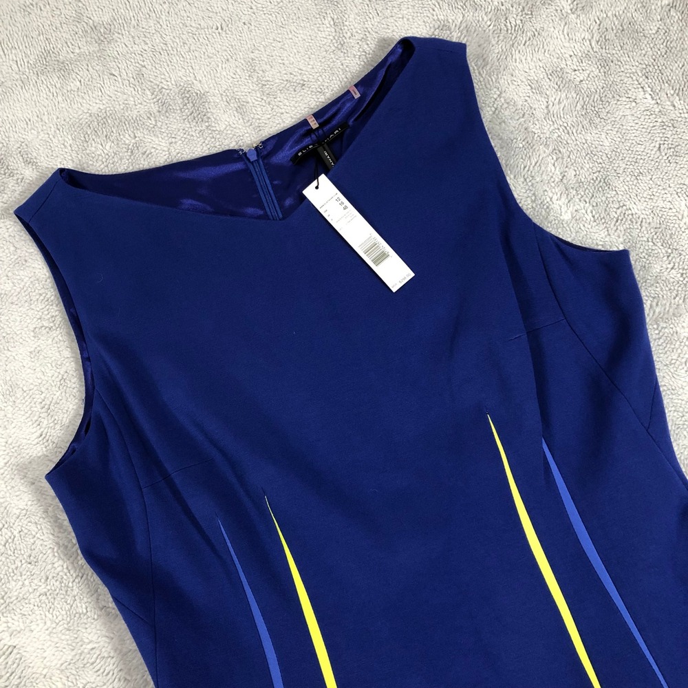 Elie Tahari Sheath Dress Women's 12 Blue Yellow Piping Sleeveless V-Neck NWT